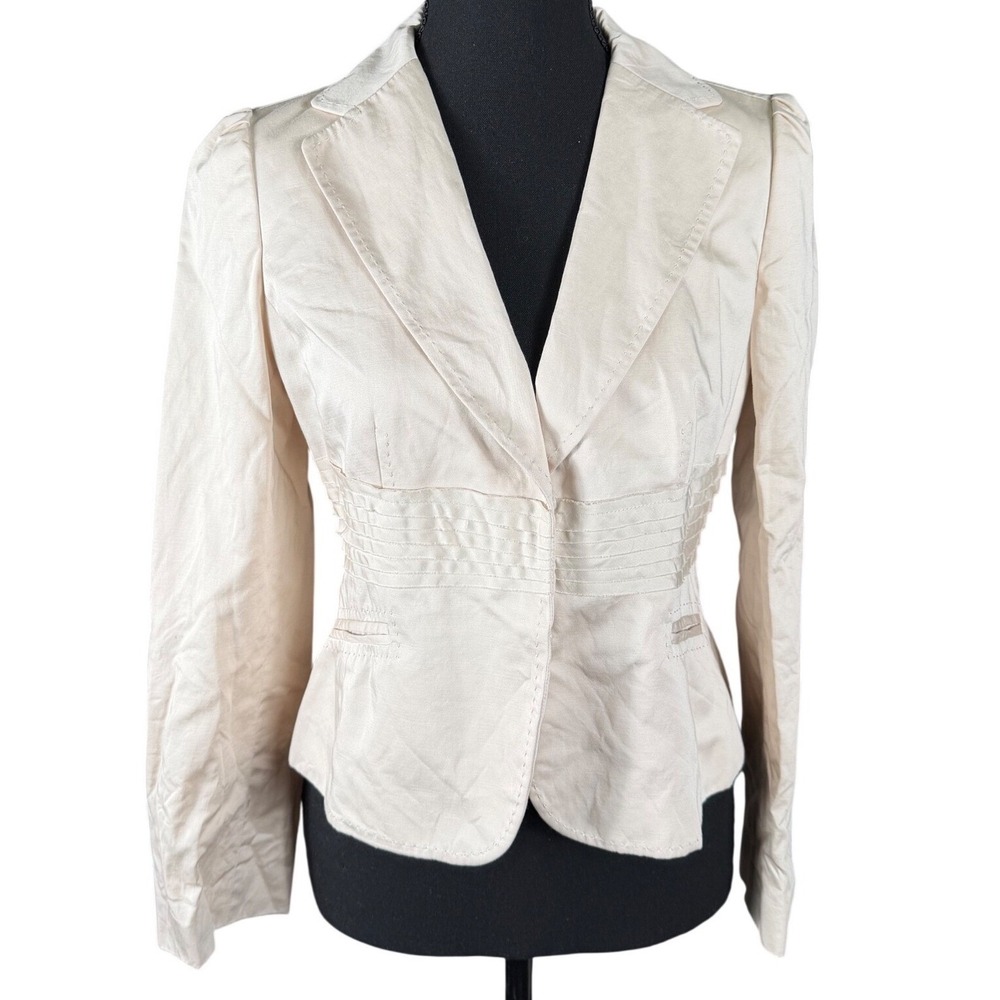 Vintage ANN TAYLOR PETITES Women Beige Pleated Blazer Jacket Size 4P